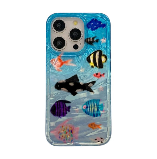Korean-inspired ripple texture phone case featuring adorable aquatic fish design. Stylish and protective, it safeguards your iPhone from scratches while adding a cute, playful look.