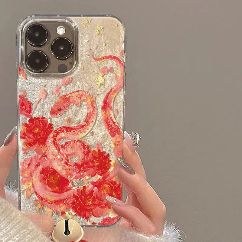 Elegant plum blossom and pink snake illustration phone case for iPhone. Combines artistic design with reliable protection against scratches and everyday wear.
