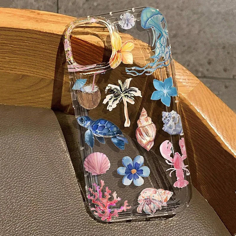 Soft clear iPhone case with ocean life theme. Transparent, flexible, and shockproof, providing reliable protection while showing off your phone’s design.
