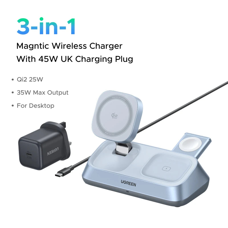 UGREEN 3-in-1 MagSafe Wireless Charger Stand 25W for iPhone 17 Pro Max & AirPods 4