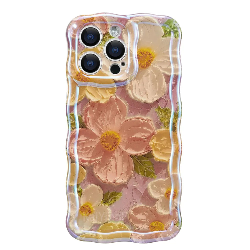 Stylish retro floral phone case with glossy oil painting design and elegant wave border. Provides a fashionable look while keeping your iPhone protected from scratches and everyday wear.