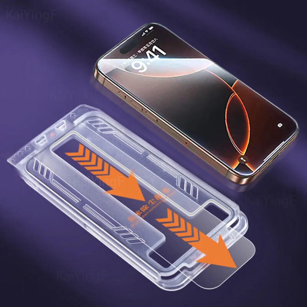 2-pack full-cover tempered glass screen protectors for iPhone. Anti-scratch, anti-fingerprint, and shatter-resistant, with a dust-free installation kit included.