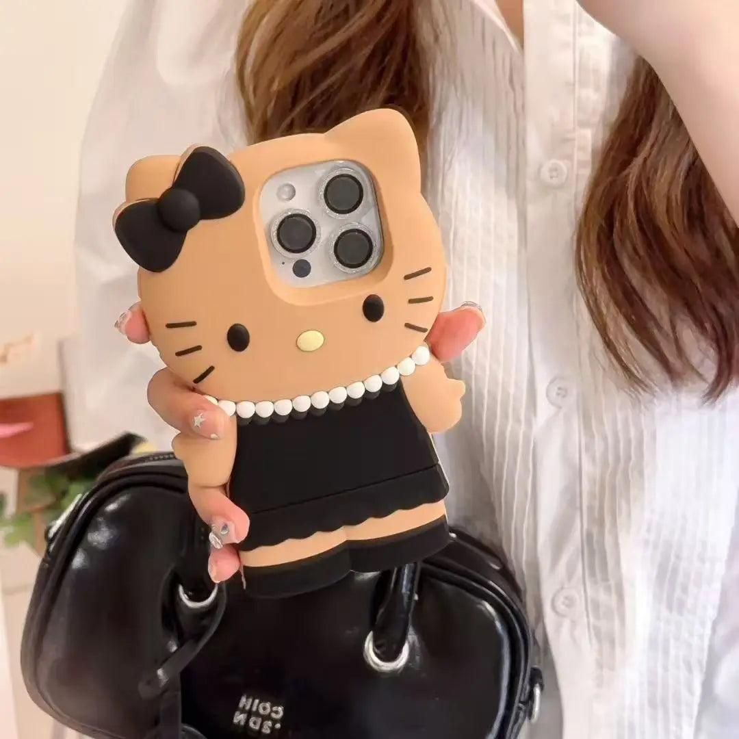 3D black dress and pearl kitty silicone phone case for iPhone. Stylish and feminine, offering soft, durable protection while adding a cute, elegant touch.
