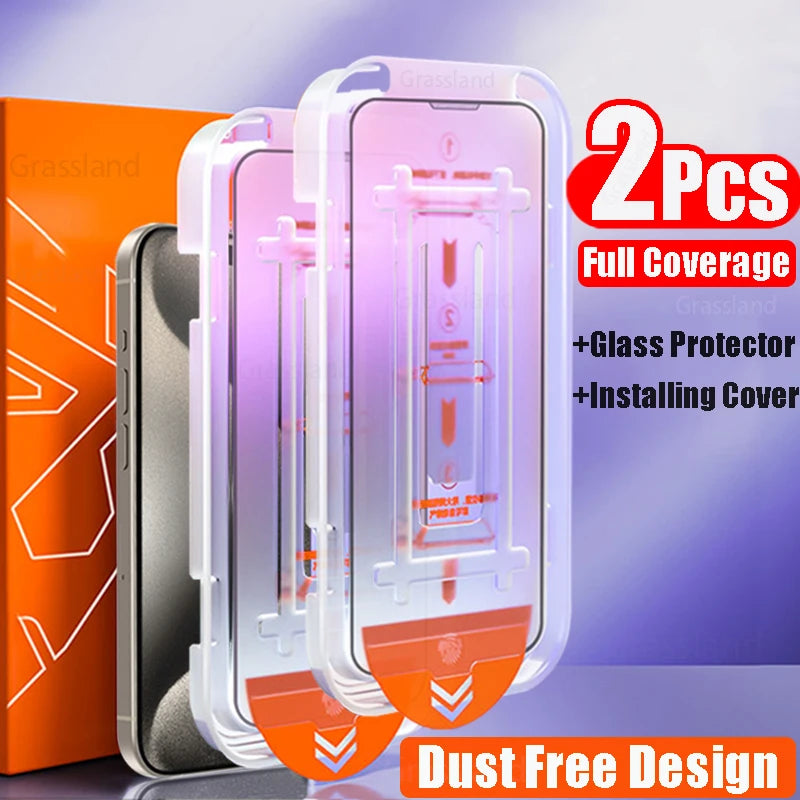 2-pack of premium tempered glass screen protectors for iPhone. Provides full coverage, anti-scratch, anti-fingerprint protection, and easy dust-free installation.