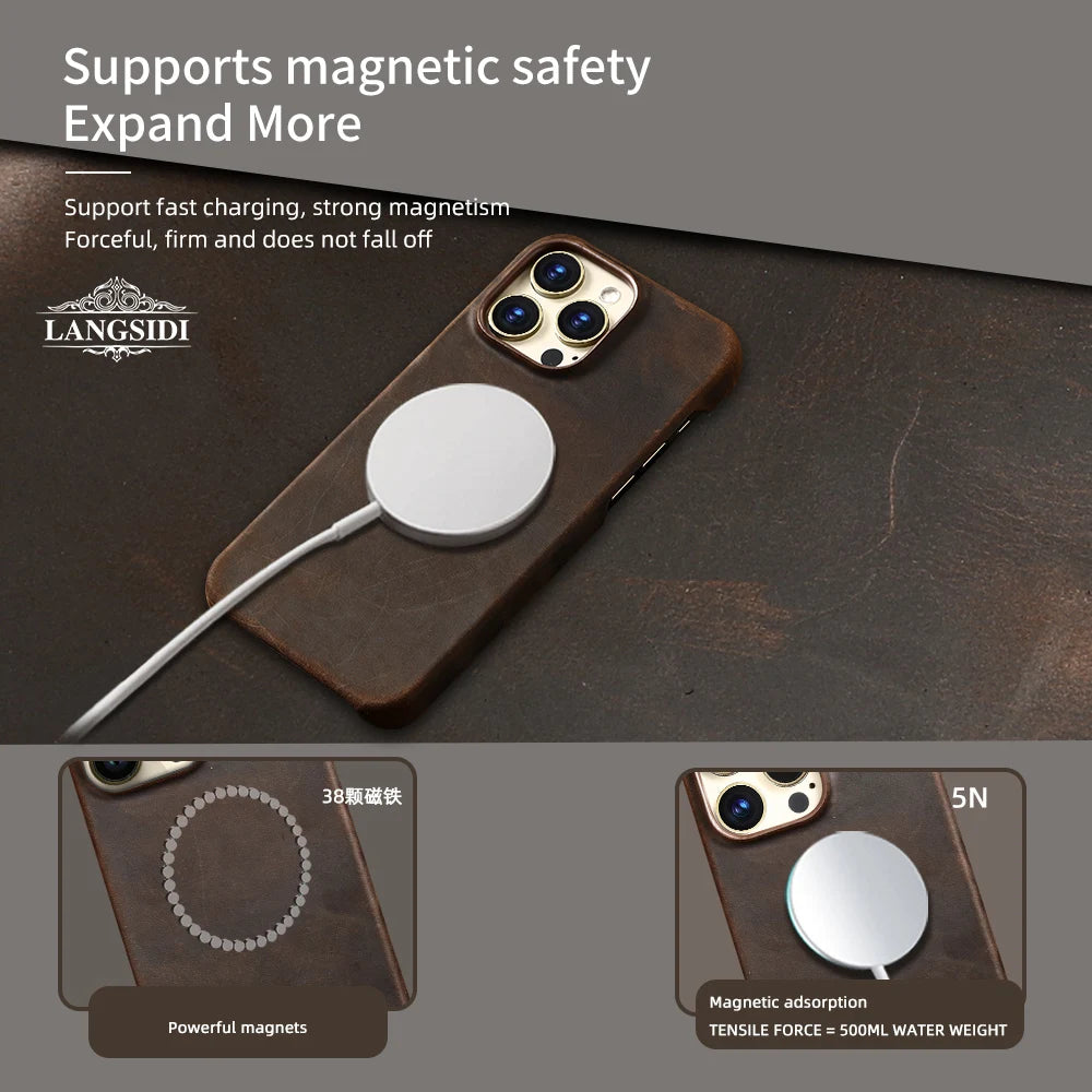 Luxury Genuine Cowhide Leather iPhone Case – MagSafe Compatible