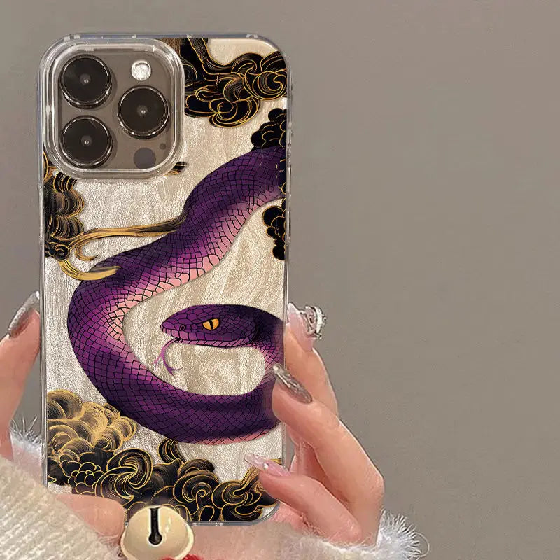 Elegant plum blossom and pink snake illustration phone case for iPhone. Combines artistic design with reliable protection against scratches and everyday wear.