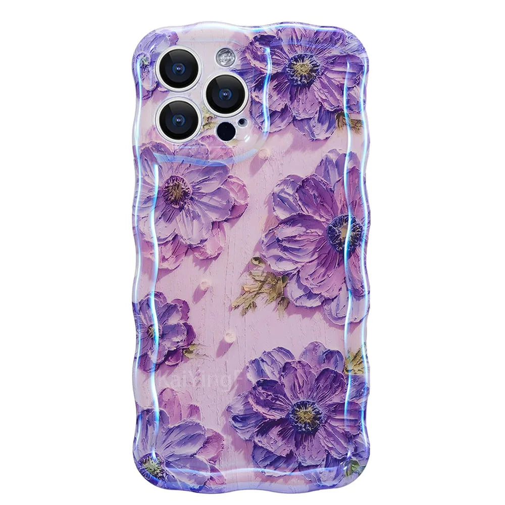Stylish retro floral phone case with glossy oil painting design and elegant wave border. Provides a fashionable look while keeping your iPhone protected from scratches and everyday wear.