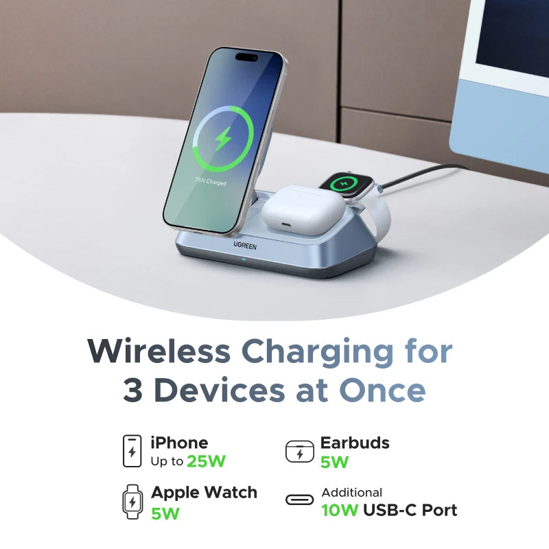 UGREEN 3-in-1 MagSafe Wireless Charger Stand 25W for iPhone 17 Pro Max & AirPods 4