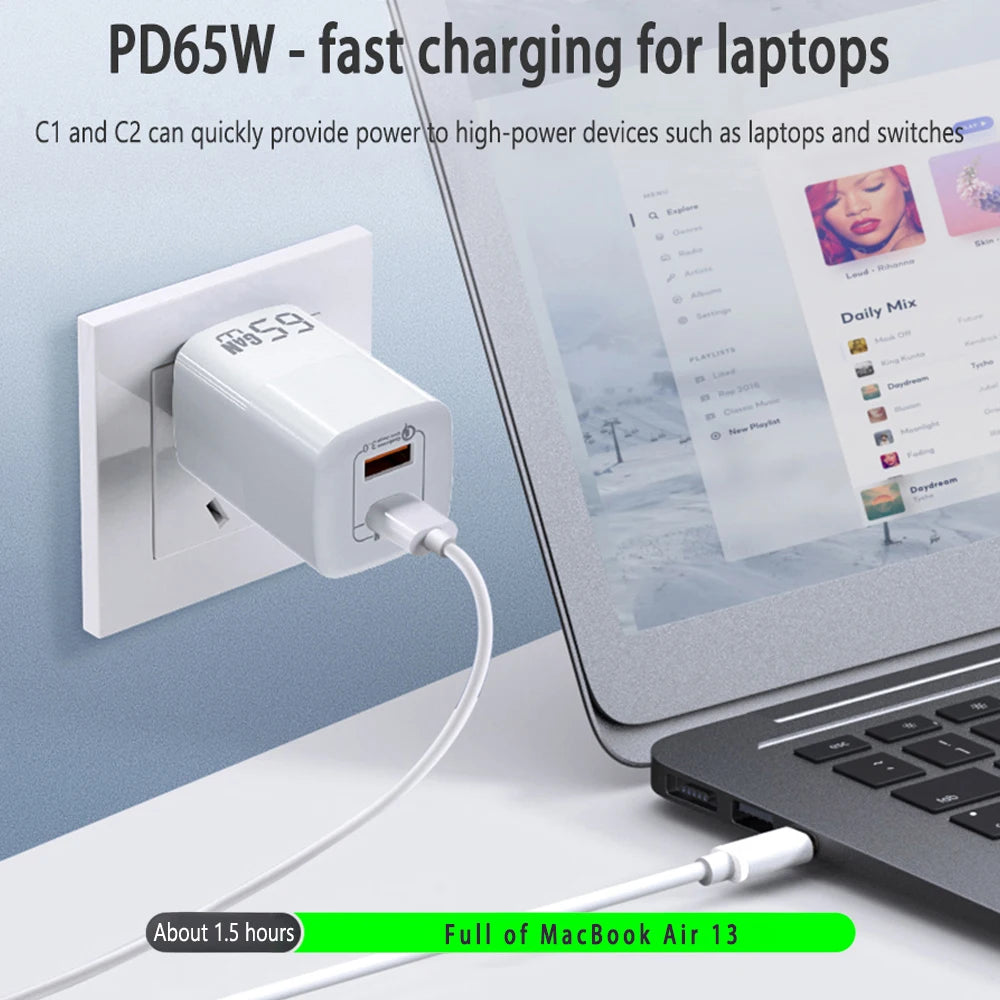 UGOURD 65W Fast Charger Power Adapter With USB A and Type C Quick Charge For iPad MacBook Air Laptop iPhone