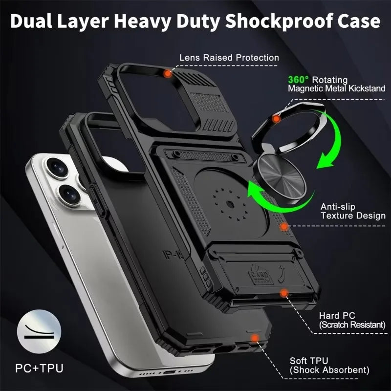 Military Armor iPhone Case – Magnetic Ring Kickstand & Wallet