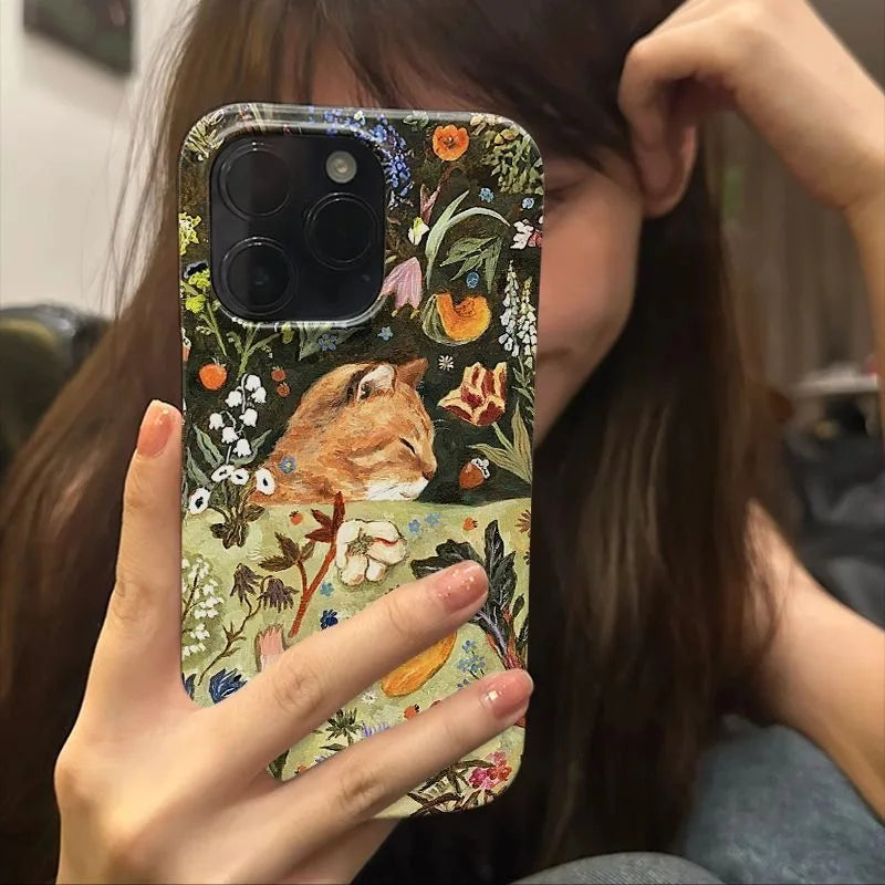 Vintage Oil Painting Cat iPhone Case – Floral Artistic Cover