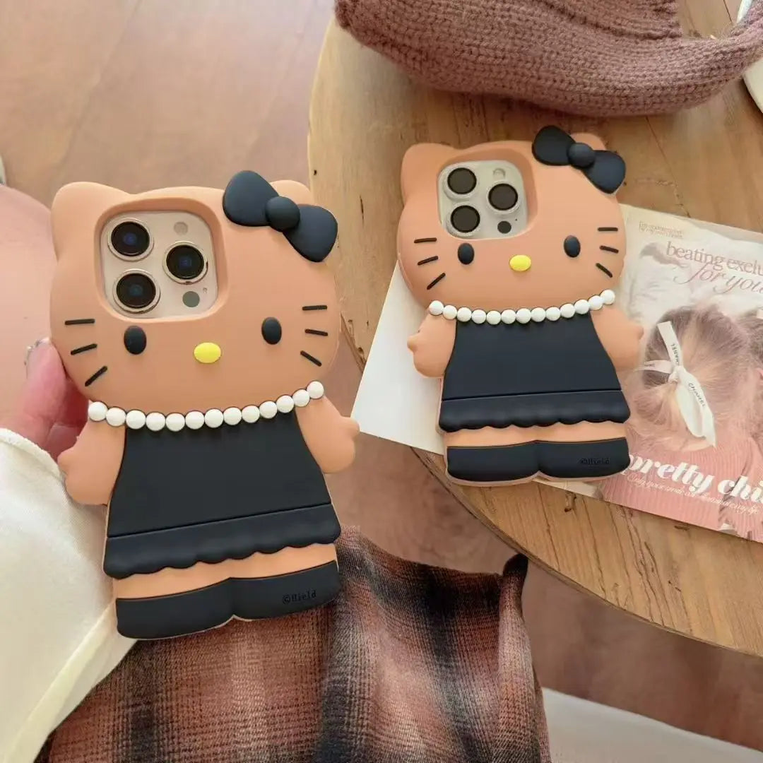3D black dress and pearl kitty silicone phone case for iPhone. Stylish and feminine, offering soft, durable protection while adding a cute, elegant touch.