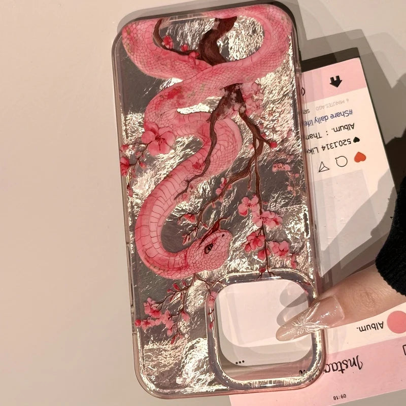 Elegant plum blossom and pink snake illustration phone case for iPhone. Combines artistic design with reliable protection against scratches and everyday wear.
