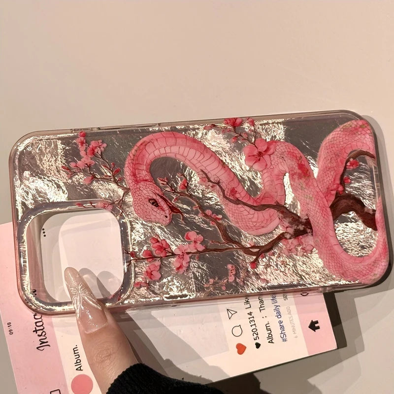 Elegant plum blossom and pink snake illustration phone case for iPhone. Combines artistic design with reliable protection against scratches and everyday wear.