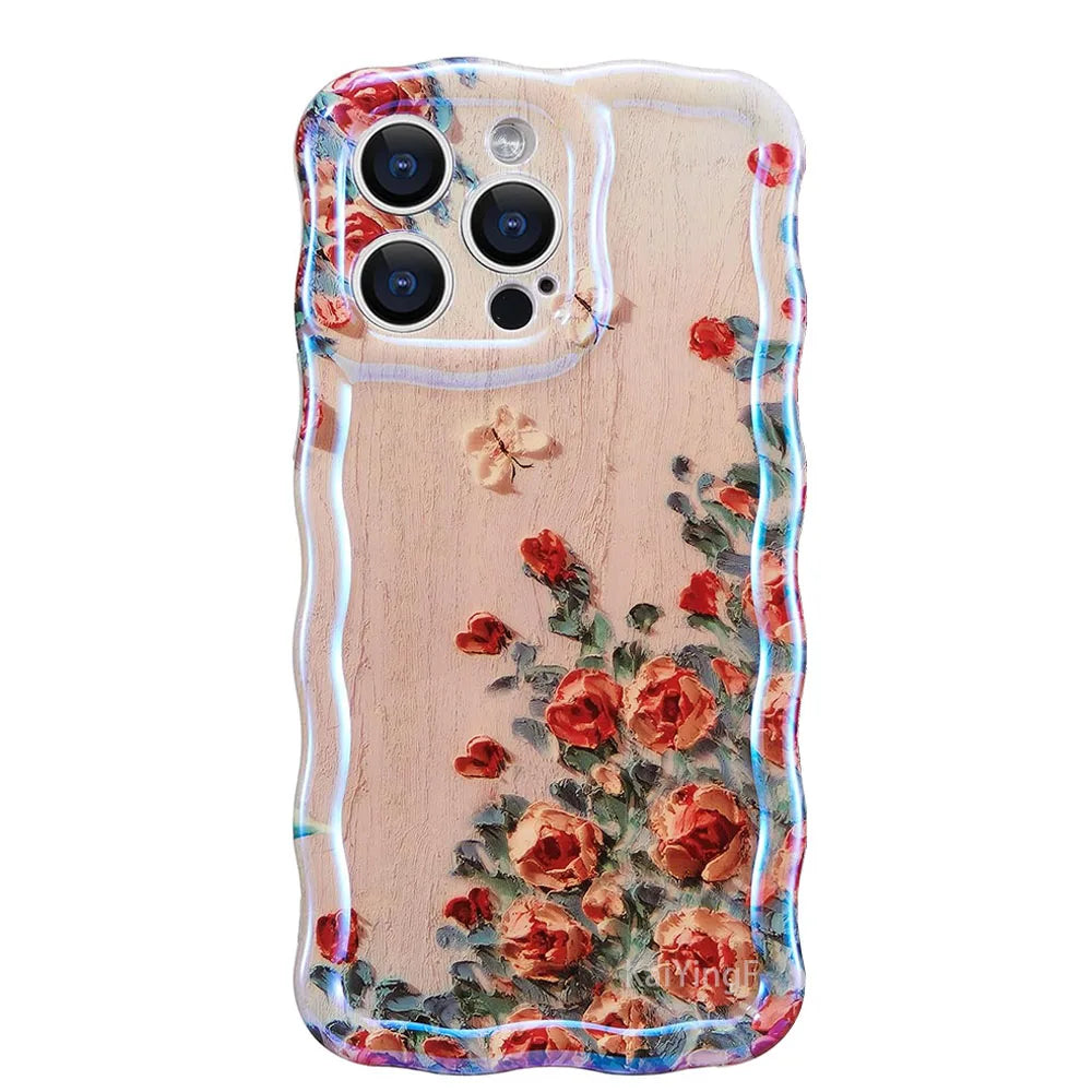 Stylish retro floral phone case with glossy oil painting design and elegant wave border. Provides a fashionable look while keeping your iPhone protected from scratches and everyday wear.
