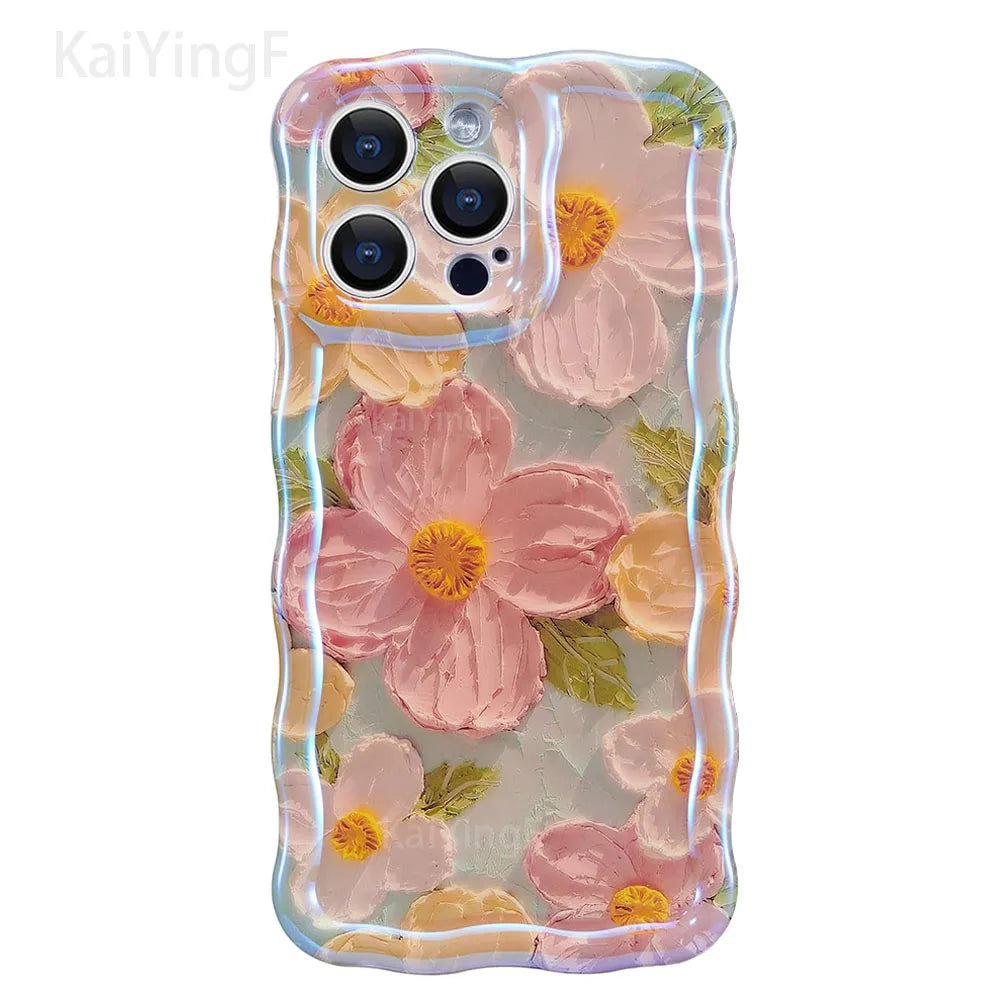 Stylish retro floral phone case with glossy oil painting design and elegant wave border. Provides a fashionable look while keeping your iPhone protected from scratches and everyday wear.