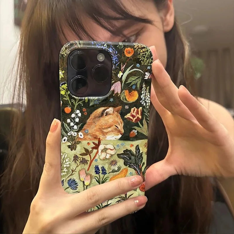 Vintage Oil Painting Cat iPhone Case – Floral Artistic Cover