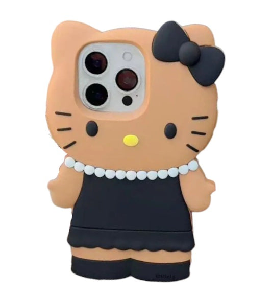 3D black dress and pearl kitty silicone phone case for iPhone. Stylish and feminine, offering soft, durable protection while adding a cute, elegant touch.
