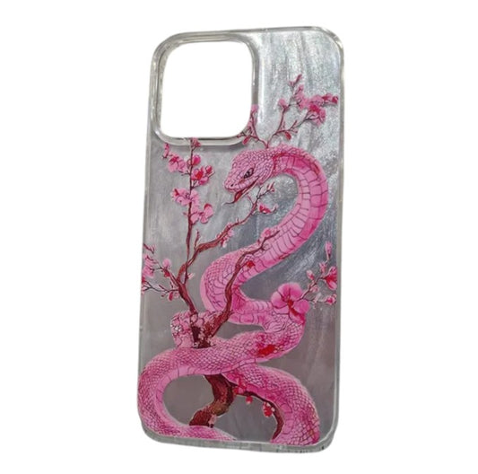 Elegant plum blossom and pink snake illustration phone case for iPhone. Combines artistic design with reliable protection against scratches and everyday wear.