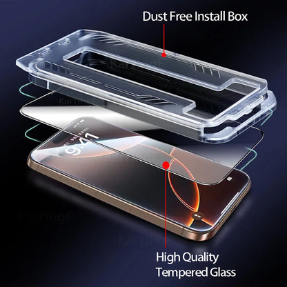 2-pack full-cover tempered glass screen protectors for iPhone. Anti-scratch, anti-fingerprint, and shatter-resistant, with a dust-free installation kit included.