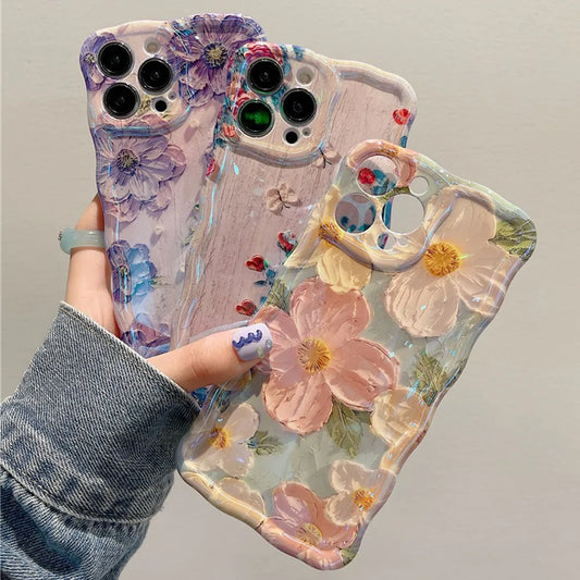 Stylish retro floral phone case with glossy oil painting design and elegant wave border. Provides a fashionable look while keeping your iPhone protected from scratches and everyday wear.