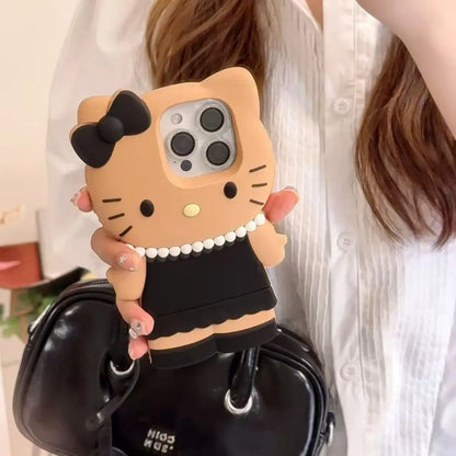 3D black dress and pearl kitty silicone phone case for iPhone. Stylish and feminine, offering soft, durable protection while adding a cute, elegant touch.