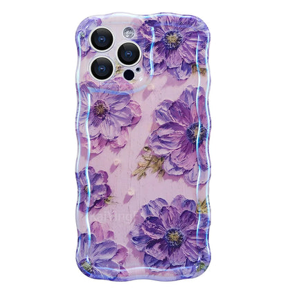 Stylish retro floral phone case with glossy oil painting design and elegant wave border. Provides a fashionable look while keeping your iPhone protected from scratches and everyday wear.
