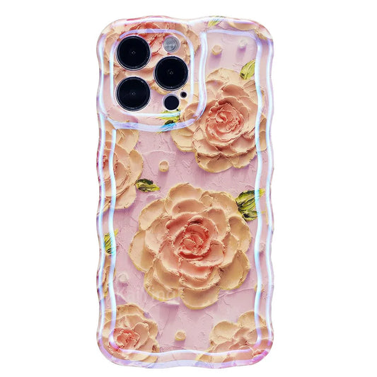 Stylish retro floral phone case with glossy oil painting design and elegant wave border. Provides a fashionable look while keeping your iPhone protected from scratches and everyday wear.