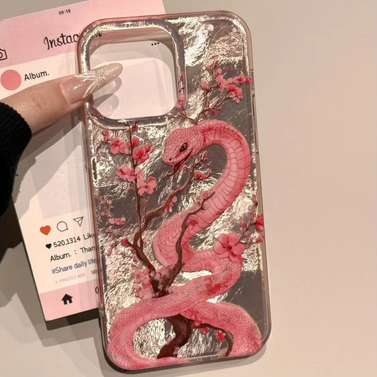 Elegant plum blossom and pink snake illustration phone case for iPhone. Combines artistic design with reliable protection against scratches and everyday wear.