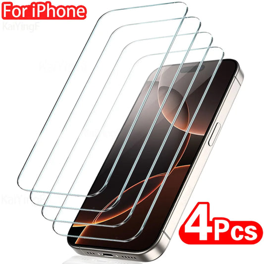 Set of 4 full-cover tempered glass screen protectors for iPhone. Durable and crystal-clear, offering anti-scratch, anti-fingerprint, and shatter-resistant protection for multiple iPhone models.