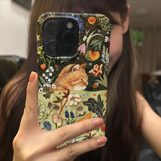 Vintage Oil Painting Cat iPhone Case – Floral Artistic Cover
