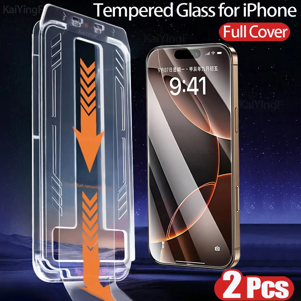 2-pack full-cover tempered glass screen protectors for iPhone. Anti-scratch, anti-fingerprint, and shatter-resistant, with a dust-free installation kit included.