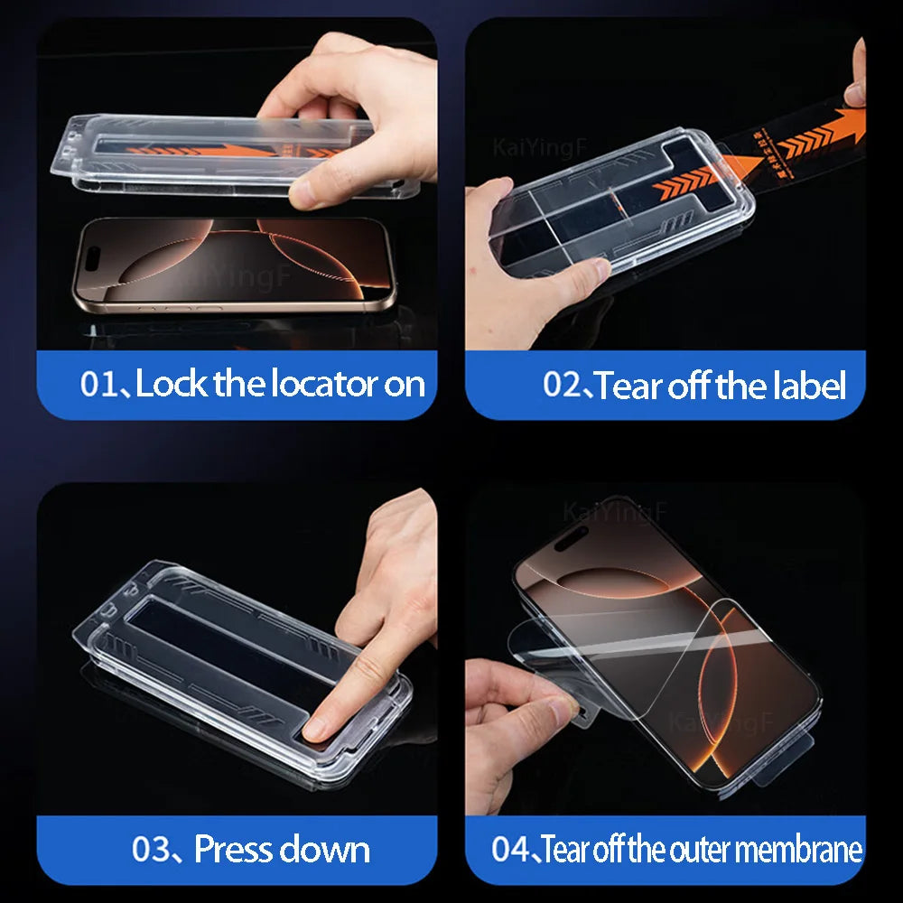 2-pack full-cover tempered glass screen protectors for iPhone. Anti-scratch, anti-fingerprint, and shatter-resistant, with a dust-free installation kit included.