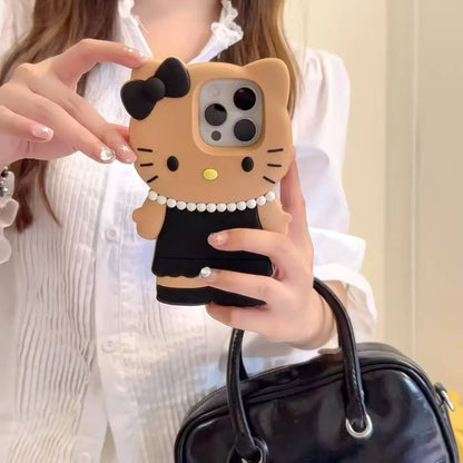 3D black dress and pearl kitty silicone phone case for iPhone. Stylish and feminine, offering soft, durable protection while adding a cute, elegant touch.
