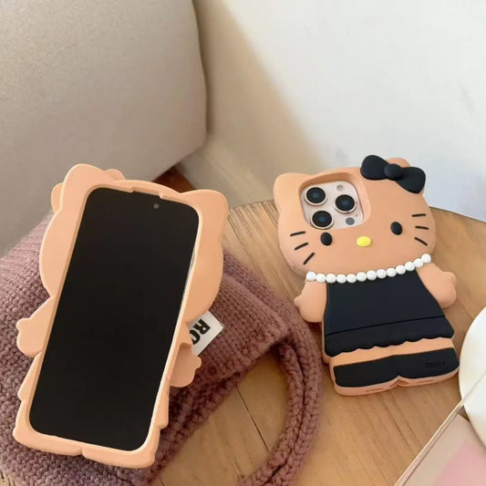3D black dress and pearl kitty silicone phone case for iPhone. Stylish and feminine, offering soft, durable protection while adding a cute, elegant touch.