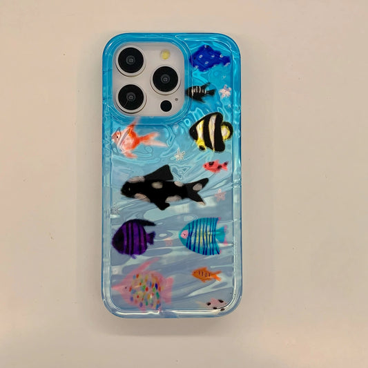 Korean-inspired ripple texture phone case featuring adorable aquatic fish design. Stylish and protective, it safeguards your iPhone from scratches while adding a cute, playful look.