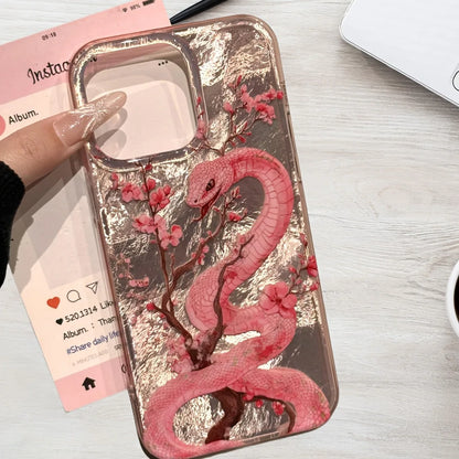 Elegant plum blossom and pink snake illustration phone case for iPhone. Combines artistic design with reliable protection against scratches and everyday wear.