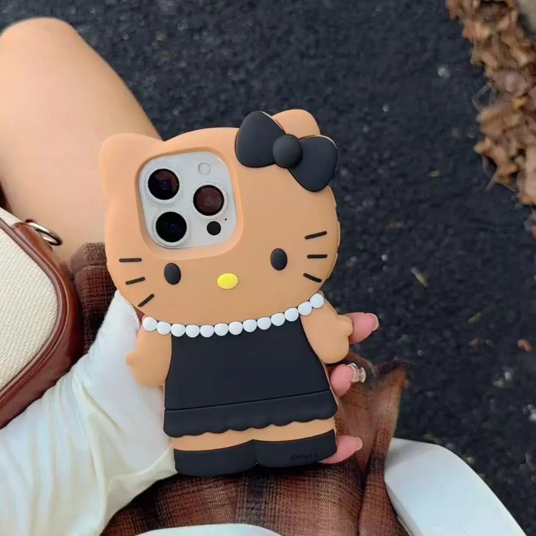 3D black dress and pearl kitty silicone phone case for iPhone. Stylish and feminine, offering soft, durable protection while adding a cute, elegant touch.